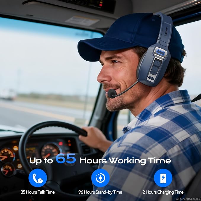 LEVN Bluetooth Headset with Microphone, Trucker Bluetooth Headset with AI Noise Cancelling & Mute Button, Wireless On-Ear Headphones 60 Hrs Working Time, for Trucker Home Office Remote Work Zoom