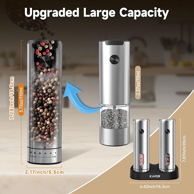 Electric Salt and Pepper Grinder Set with Charging Base - Rechargeable Automatic Pepper Grinder, Stainless Steel Cordless Push Button Mill with LED Light