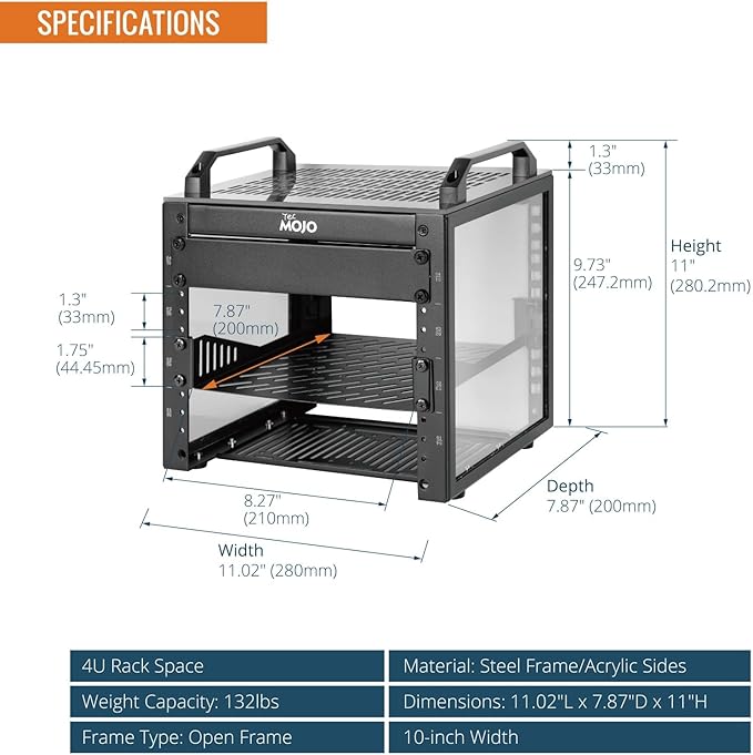 Tecmojo 4U Network Rack, 10 inch Mini Server Rack with 2 Side Translucent Panels & 2 Top Handles, 7.87 inch Deep, for 10 inch IT Equipment & A/V Devices, Black