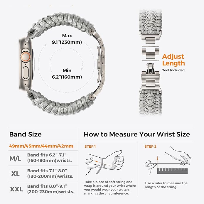Tefeca Titan Series Paracord Band Compatible with Apple Watch Ultra 2/49mm, Series 10/46mm, 9/8/7/45mm, SE2/SE/6/5/4/44mm, and 3/2/1/42mm