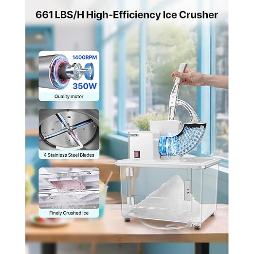 VEVOR 110V Commercial Ice Crusher 661LBS/H, ETL Approved 300W Electric Snow Cone Machine with Dual Blades, Stainless Steel Shaved Ice Machine with Safety On/Off Switch for Family, Restaurants, Bars