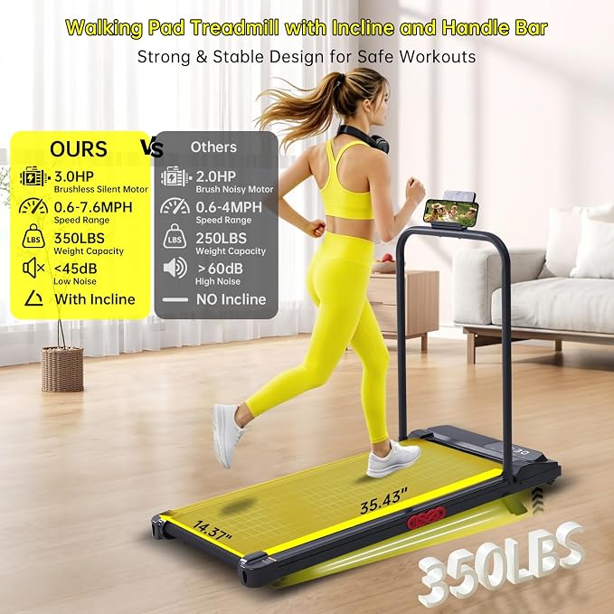 Walking Pad with Handle Bar, 2026 Upgrade Compact Portable Small Treadmill with Handles for Home Office Small, 3.0HP Electric Under Desk Mini Walking Pad Treadmill with Incline, 0.6-7.6MPH, 350LBS