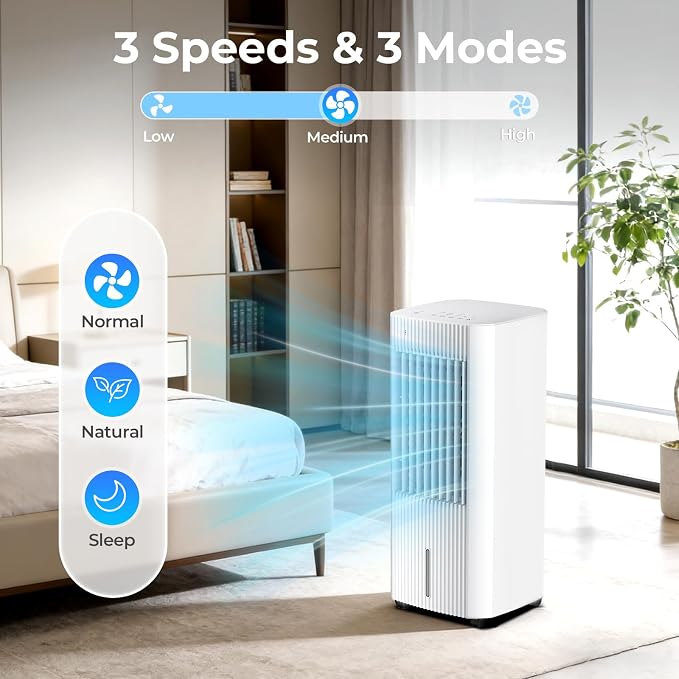 Electactic Portable Air Cooler,3 In 1 Swamp Cooler with Ice Packs,15H Timer,3 Speeds & Modes,Windowless AC for Apartments,Bedroom,Office,45dB Quiet,Pet-Friendly,White