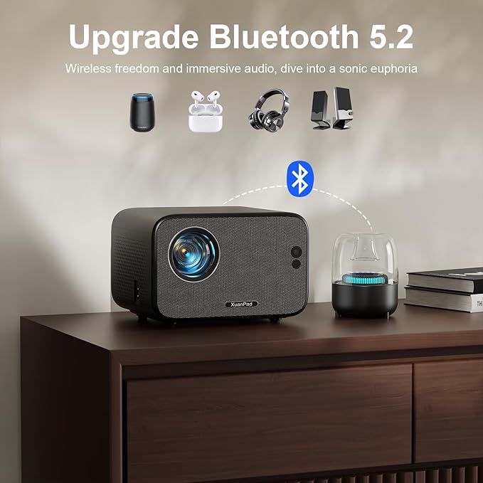 [Officially-Licensed App & Auto Focus]Light Black Smart Mini Projector with WiFi and Bluetooth, XuanPad 4K Support Movie Projector, Portable Native 1080P Outdoor Projector with 360° Stand