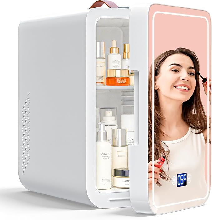 6L Mini Fridge with 3-Level Dimmable LED Mirror, Cooling & Warming, AC/DC Portable Skincare Fridge for Dorm, Car, Office