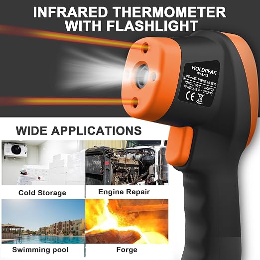 HOLDPEAK Pyrometer D:S=30:1, High Temp Infrared Thermometer -58℉~2732℉, Non-Contact Industrial Laser Thermometer Gun, Digital IR Temperature Gauge 2732 (NOT for Human)
