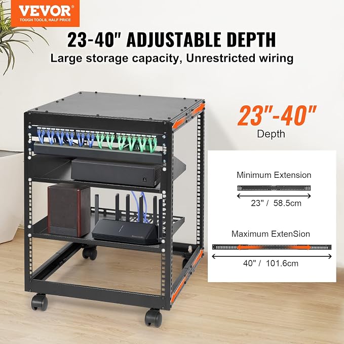 VEVOR 12U Open Frame Server Rack, 23-40 in Adjustable Depth, Free Standing or Wall Mount Network Server Rack, 4 Post AV Rack with Casters, Holds All Your Networking IT Equipment AV Gear Router Modem