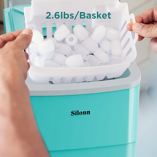 Silonn Ice Makers Countertop, 9 Cubes Ready in 6 Mins, Self-Cleaning Ice Machine with Ice Scoop and Basket, 26lbs in 24Hrs, 2 Sizes of Bullet Ice for Home Kitchen Office Bar Party, Green