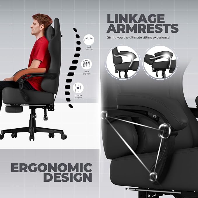 GTPLAYER Gaming Chair with Pocket Spring Cushion, Big and Tall Gamings Chairs 350LBS High Back Computer Chair with Footrest for Adults Lumbar Support Swivel Game Chair for Office, Leather Black