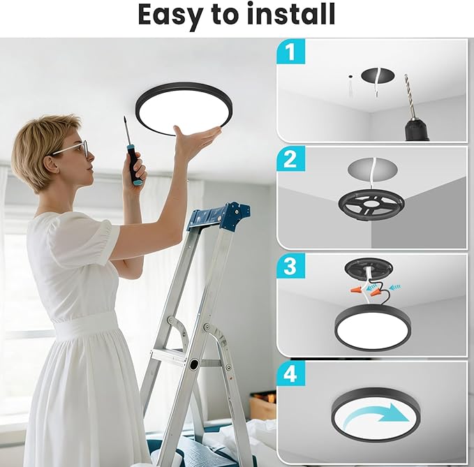 libtit 7 inch Flush Mount LED Ceiling Light Fixture, 3000K-6500K Adjustable, 15W 1500lm Black Satin Round Ceiling Lamp for Bathroom Hallway Kitchen Bedroom, 2 Pack