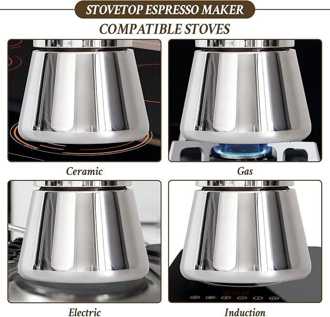 LAOION Stovetop Espresso Maker, 6Cup 10 oz Moka Pot, Stainless Steel Cuban and Italian Coffee Maker for Cafetera Cubana, Greca De Cafe Induction Stovetop Compatible, Coffee Gift for Home Travel
