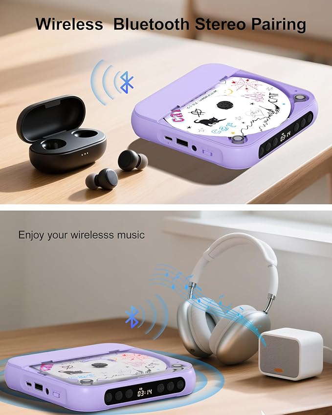 ENVYCLOUD CD Player Portable with Dual Stereo Speakers, Rechargeable Portable CD Player with Bluetooth for Home with Headphones, Support CD/AUX/USB, Purple