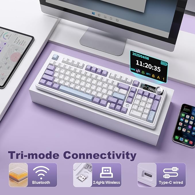 AJAZZ AK980 Mechanical Keyboard, Creamy & Thocky with Smart Display & Knob, 98% Wireless Tri-Mode BT/2.4G/USB-C, Hot Swappable, RGB Light for Win & Mac (Purple, Murad Switch)