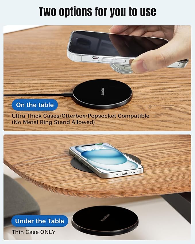 Eazpower Invisible Wireless Charger, 0-30mm Under Desk Wireless Charger, Dual Uses On or Hidden Under Table Charging Pad for Nightstand for iPhone 17/17 Pro/17 Pro Max/17 Air/16/15/14/Samsung Phone