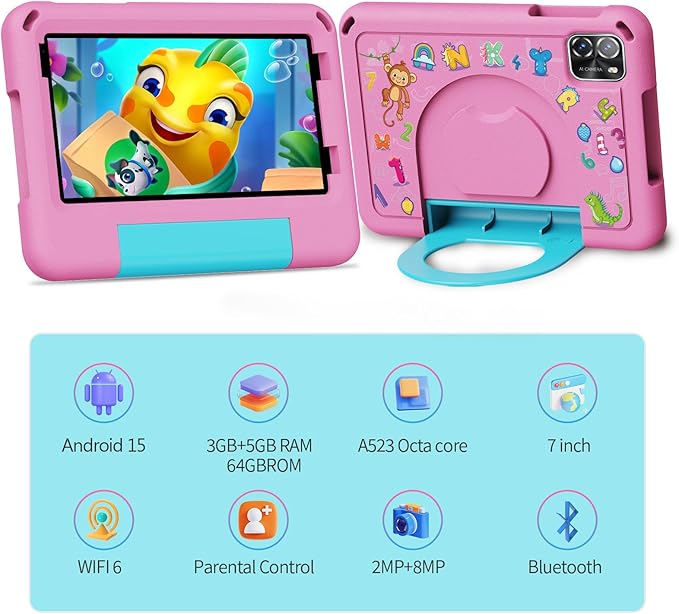 Android 15 Tablets with Case 7 inch Kids Tablet, 64GB Pad for Age 3-12 Toddler, Educationl, Games, Parental Control, Built in WiFi, Bluetooth, Dual Camera (Pink)