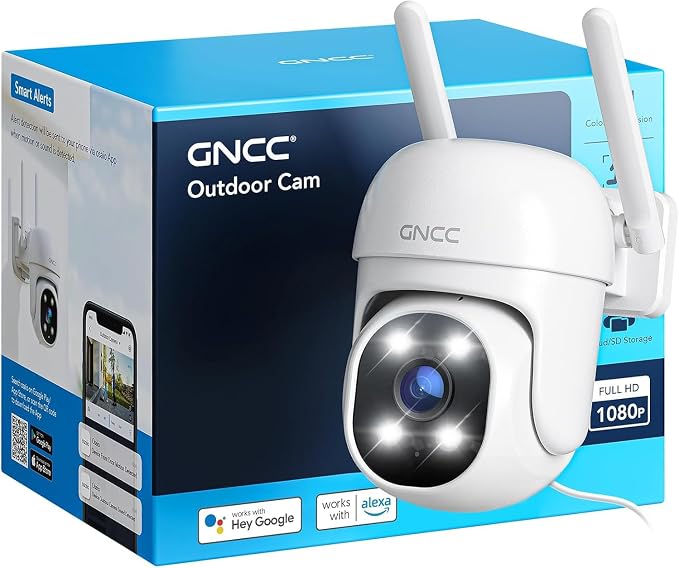 GNCC 2.4GHz Outdoor Security Camera, 1080P Cameras for Home Security with Motion Detection and Siren, 2-Way Audio, Color Night Vision, App Control, 24/7 SD Storage, Cloud Storage, Waterproof,(1-Pack)