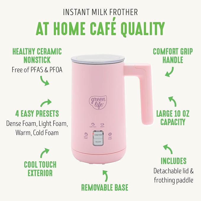 GreenLife Ceramic Electric Milk Frother, 10oz, 4-in-1, Auto Hot and Cold Foam, Dense and Light Foam, PFAS Free, Cordless Milk Warmer and Steamer for Latte, Coffee, Pink