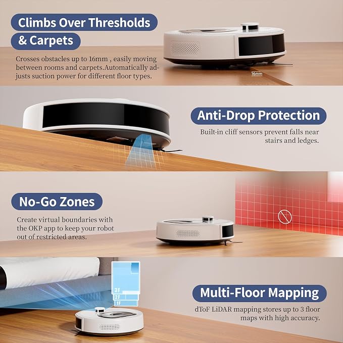 OKP Life Robot Vacuum L6 Aqua,LiDAR Navigation, 3.7 inch Super Thin, 6000Pa Powerful Suction,150 Mins,Quiet, Self-Charging Robotic Vacuum Cleaner, 2.4G&5G WiFi,Cleans Hard Floors to Carpets, White