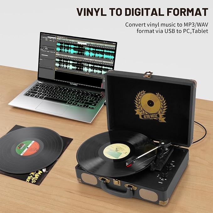 Vinyl Record Player Bluetooth Turntable 3-Speed Suitcase Portable Vintage Belt-Driven Record Player with Built-in Speakers RCA Line Out AUX in Headphone Jack LP Recording to Convert Records to MP3
