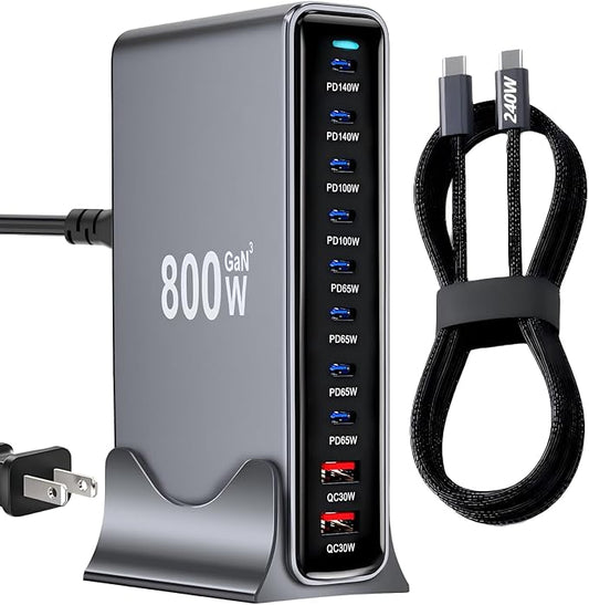 800W USB C Fast Charger Block,Dual PD 3.1 140W USB Charging Station, GaN Ⅲ Multi-Port PD PPS Fast Charging Station for Multiple Devices,Laptop Wall Charger Compatible with MacBook iPad iPhone 17 etc