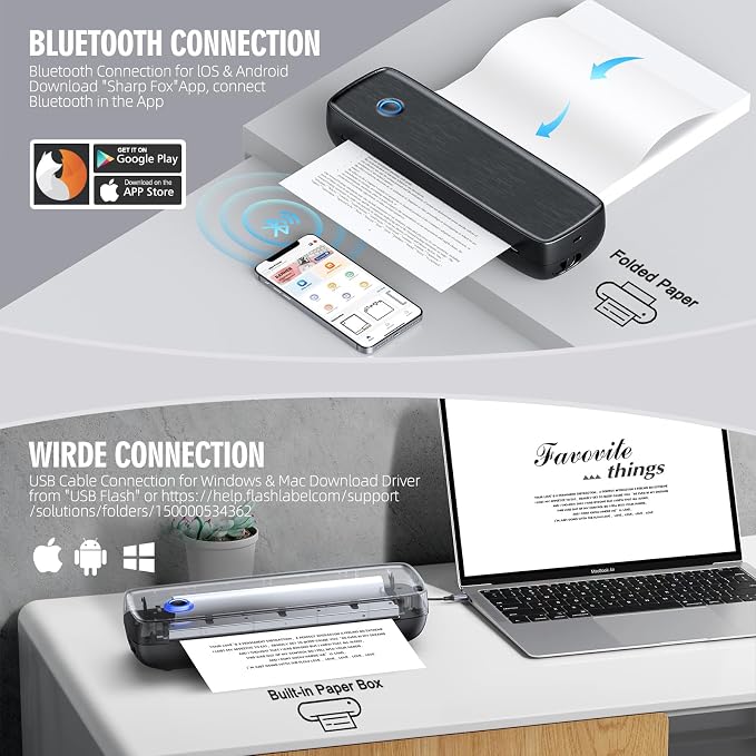 Portable Thermal Printer, Wireless & Bluetooth Mini Inkless Printer for Travel, Office, Home, Supports 8.5x11inch, Compatible with iPhone, Android, Laptop