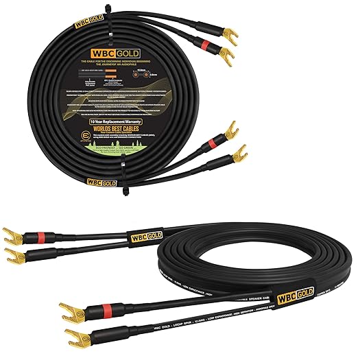 WORLDS BEST CABLES 25 Foot WBC-GOLD-LOCAP-SPKR-12 AWG - Low-Capacitance - Low-Inductance - High Purity OFC - Audiophile HiFi Speaker Cable Pair with Eminence Gold Spade Plugs