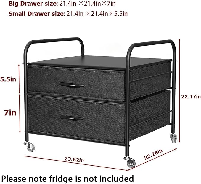 EazeHome Mini Fridge Stand with Storage, Mini Fridge Stand, 2 Drawer Dorm Fridge Cart, Organizer Unit for Mini Fridge, Fridge Stand Table, Mini Fridge Table with Swivel Wheels, Black