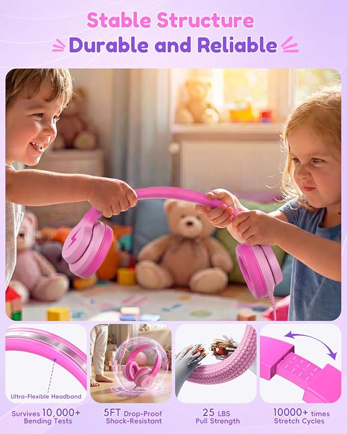 Candy Bila Wired USB C Kids Headphones, 85dB Safe Volume, HD Stereo Sound, Adjustable Headband, Foldable Over-Ear Design for School/Travel/Boys/Girls/iPad/Tablet (Gradient Rose Pink)