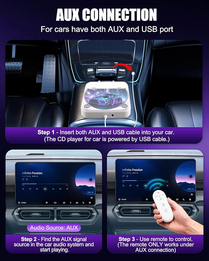 CD Player for Car USB Port AUX Port, External Car CD Player with USB-C Adapter, Extension Cable, for Cars Without CDs Player, Work Vertically and Horizontally for Car Stereo