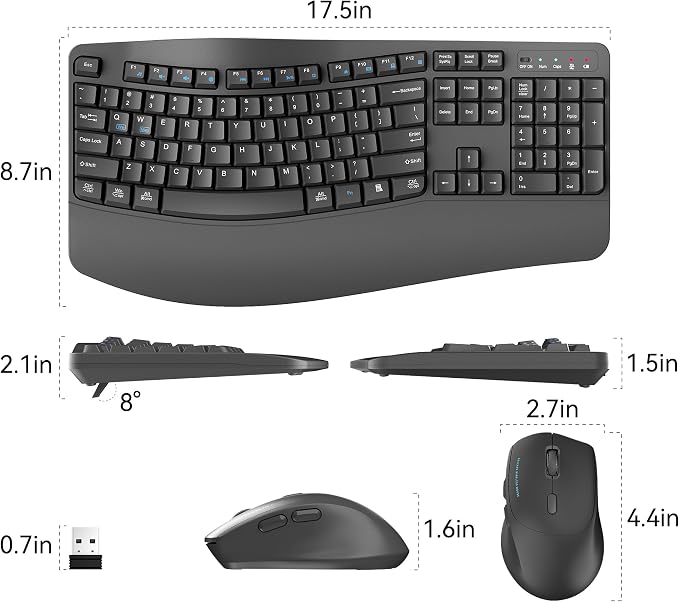 Wireless Keyboard and Mouse Combo,2.4G Full Size Wave Keys Ergonomic Keyboard with Wrist Rest for Natural Typing, 3 DPI Adjustable Ergonomic Silent Mouse for Computer/Laptop/Windows/Mac (Gray)