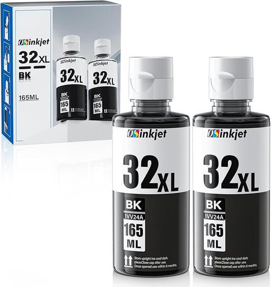 32XL Black Ink Bottle Compatible for HP Smart Tank 7602 5101 6001 7301 651 551 5000 580 Printer, 32 XL Ink Bottle Set for Smart Tank Plus 570 578 590 Ink Refill 2-Pack 165ml,1VV24AN