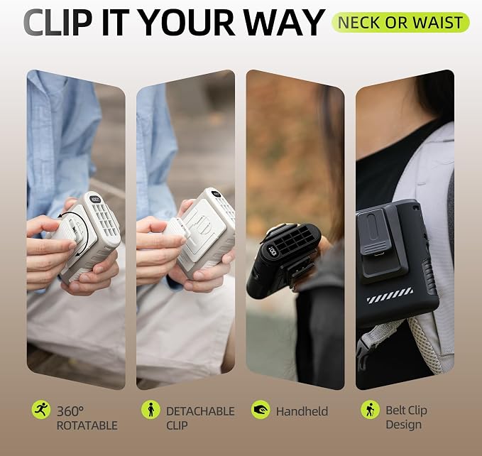 Portable Waist Fan with LED Display, 8000mAh Rechargeable Belt Fan with 5 High-Speed Winds & Flashlight, Shockproof Wearable Clip on Fan for Outdoor Work, Camping, Fishing Sand