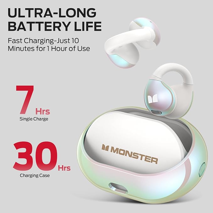 Monster Open Ear AC600 Headphones, Bluetooth 5.4 Wireless Earbuds with HiFi Stereo,Clip-On Earbuds with ENC Clear Call, 21H Playtime, Touch Control, IPX6 Waterproof Wireless Headphones for Workout