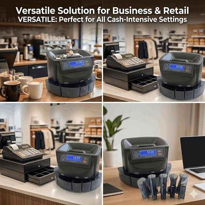 Coin Counter, 300 Coins/Minute, 500 Coins Large Capacity, Electric Coin Sorter with Digital Counting Display for Office Store Restaurant Retail Superstore Pharmacy
