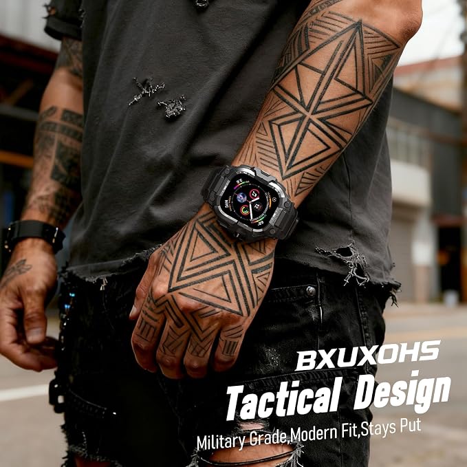 BXUXOHS Rugged Case and Band for Apple Watch 45mm Men, Compatible with Apple Watch Series 9/8/7, Military Grade Shockproof Bumper Cover, Tactical Band Case for iWatch 9/8/7 Man, Black