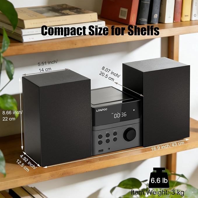 Home CD Stereo Shelf System, 30W Micro HiFi System (with CD Player, FM Radio, Bluetooth 5.3, USB Playback, AUX-in, Headphone Jack, Remote Control, DSP-Tech