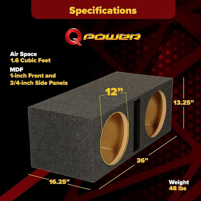 Q Power 2 Hole 12-Inch Vented Heavy Duty Subwoofer Enclosure with 1-Inch Thick MDF Face and Gold Tipped Spring Loaded Terminal Charcoal Grey