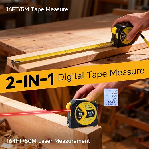 2-in-1 Digital Tape Measure with Laser, Rechargeable Laser Measuring Tool | 164Ft/50m Laser Measure & 16Ft/5m Auto-Lock Tape | w/Backlit LCD Display, Area & Volume Calc | Ft/in/M/Ft+in Units