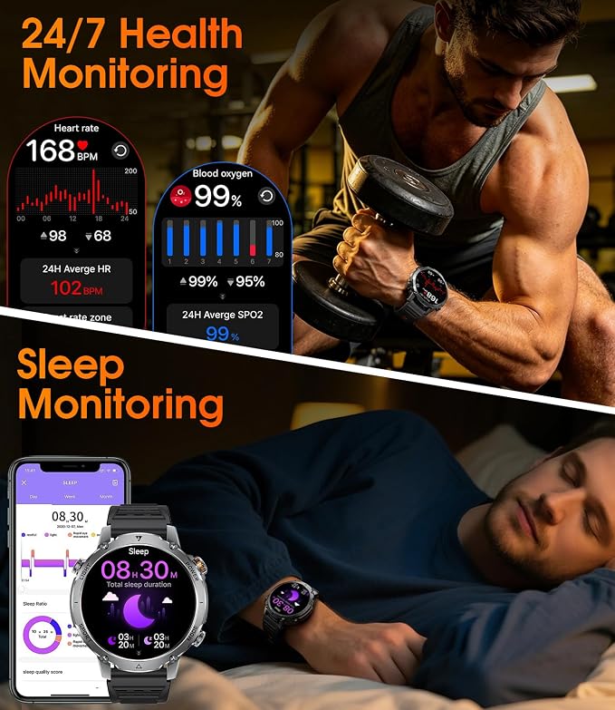LIGE Military Smart Watch for Men, 1400mAh 60-Days Battery, 1.85" HD Smartwatch with LED Flashlight, 100+ Sports Mode, IP68 Waterproof, Pedometer, Fitness Watch for Android iOS