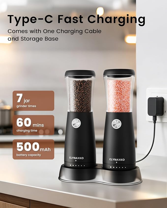 Electric Salt and Pepper Grinder Set, Stainless Steel Automatic Salt and Pepper Grinder Set, Upgraded 110ml Capacity, Adjustable Coarseness & LED Light, One-Handed Operation, Ideal Kitchen Gadget
