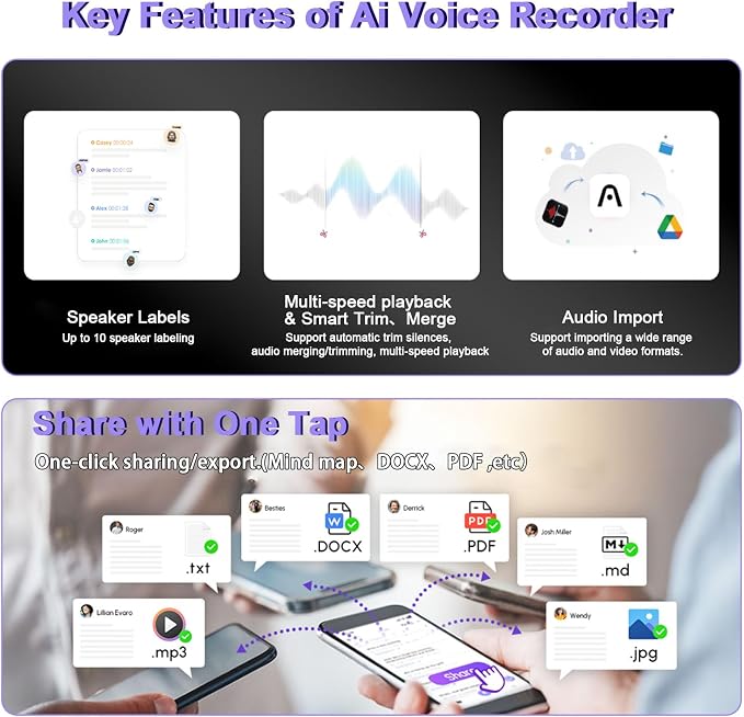 Ai Voice Recorder for Meeting: Support 152 Language Transcription Summarize - App Control Noise Cancellation Magnetic Dictation Recording Transcriber Note Taking Device 64GB for Lecture & Call