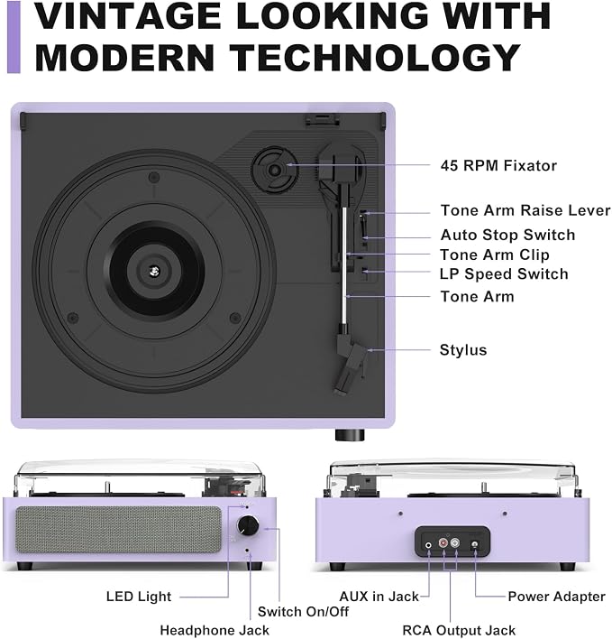 Record Player for Vinyl All-in-one Turntable with Speakers Belt-Driven Turn Table 3-Speed 3 Size 33 1/3 45 78 RPM BT Wireless Headphone AUX-in RCA LP Phonograph Auto Stop New Sleek Light Pale Purple