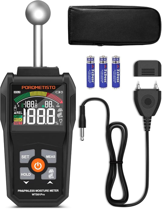 Moisture Meter, POROMETISTO Pin & Pinless Moisture Meter – Dual Mode Wood Moisture Detector for Walls, Drywall, Firewood & Concrete, Digital Moisture Meter with Color Screen & Alarm