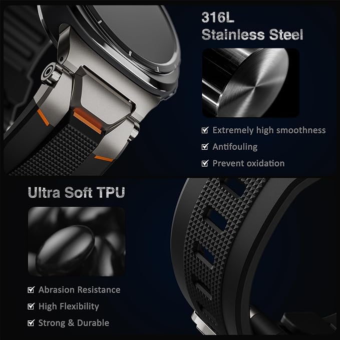 ULTIMAL Watch Band for Samsung Galaxy Watch Ultra 47mm(2025/2024) Compatible with Samsung Watch Strap Bands for Men Sport Bands for Watch Rugged Premium TPU & Metal (Black+Silver)