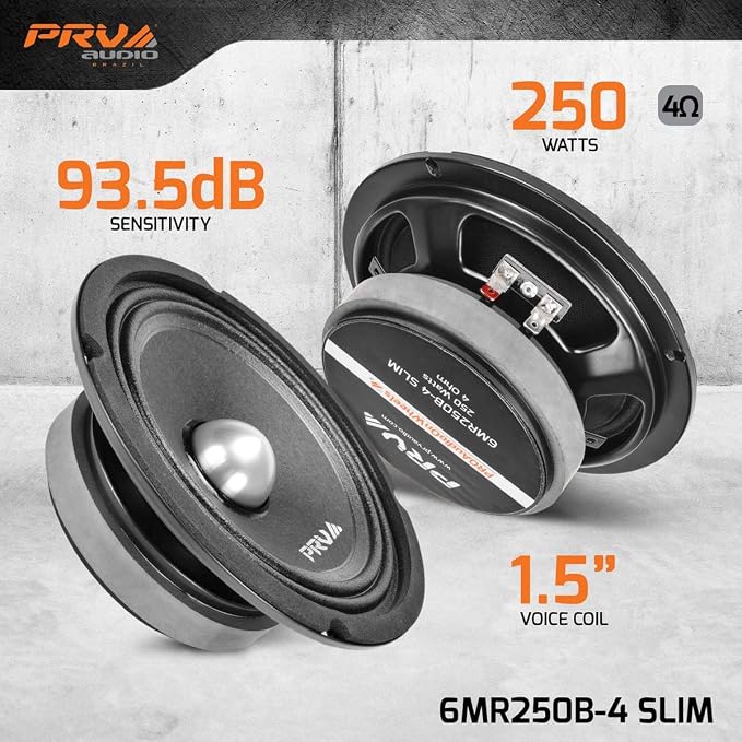 PRV AUDIO 2X 6MR250B-4 Slim Midrange 6.5" Shallow Bullet Speakers 250 Watts 4 Ohm, Slim Mount Car Audio Bullet Loudspeaker Compact for Doors with 1 Exclusive Lanyard (2 Speakers)