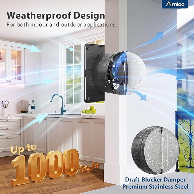 Amico 10" Kitchen Exhaust Fan with Remote, 1038 CFM High Airflow Extractor Fan, Energy Efficient 50W EC Motor Ventilation Fan for Garage, Attic & Greenhouse, 9-Speed, Timer, Low Noise 55dB, FCC, Black
