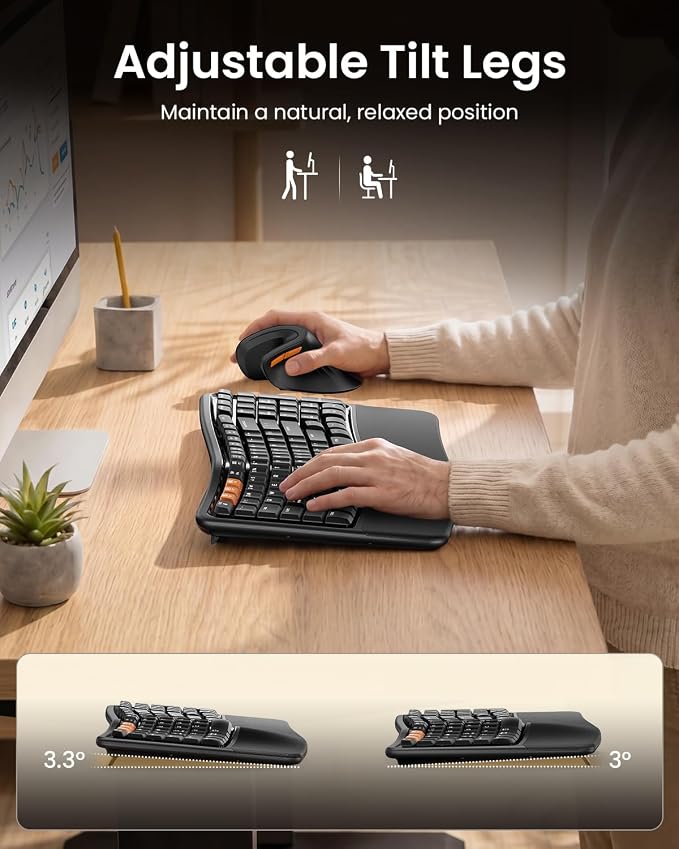 ProtoArc EKM02 Wave Keys Ergonomic Wireless Keyboard and Mouse, Bluetooth Keyboard with EM11 NL Ergonomic Vertical Mouse, Cushioned Palm Rest, Multi-Device, Rechargeable, for Windows, Mac - Black