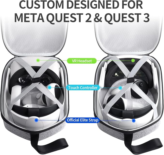 sarlar Large Space Hard Carrying Case Compatible with Meta Quest 3/3S/Quest 2 Official Elite Strap and BOBOVR M3/M2 Pro,KIWI Design, Saqico, VZNEK Head Strap with Battery and All Accessories