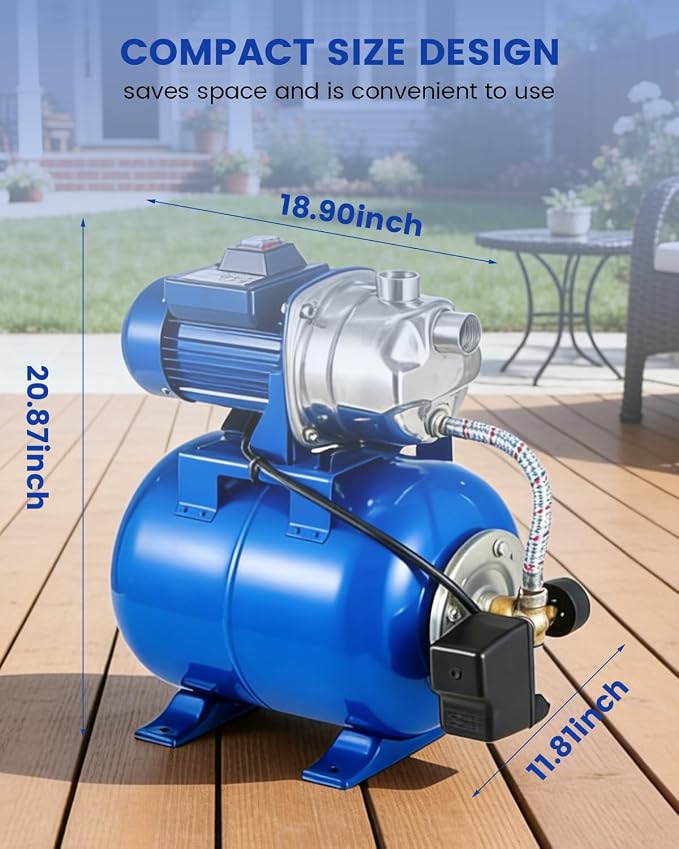 Powerful 1.6HP Shallow Well Pump with Pressure Tank, 1320GPH High Flow, 164ft Max Head, Stainless Steel Construction, Auto Pressure Switch - Ideal for Home/Farm/Garden/Yard Water Supply (Blue)