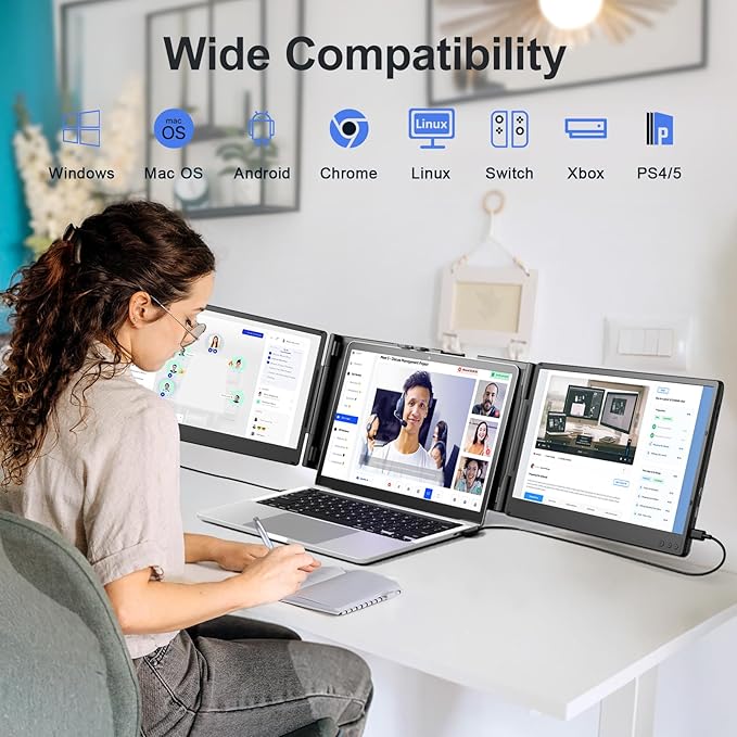 Laptop Screen Extender, 14" FHD 1080P Portable Laptop Monitor, Plug and Play Triple Screen Extender, Auto-Adjust Width Dual Monitor for 13–17" Laptops, Compatible with macOS, Wins, Chrome, Dex